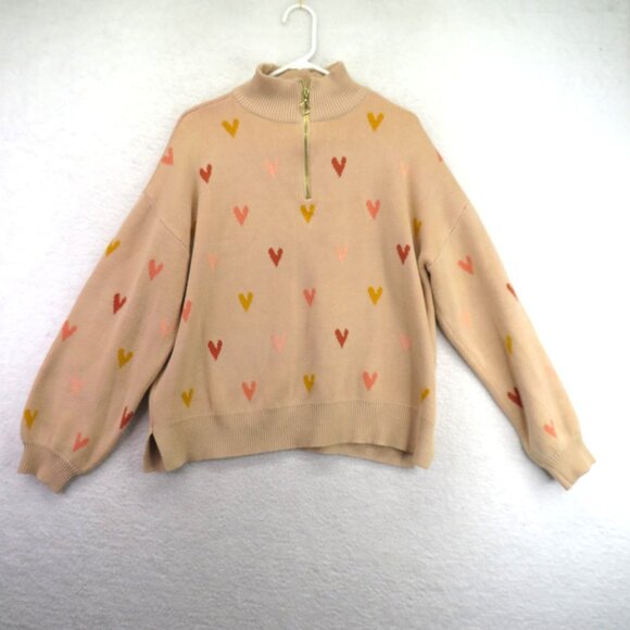 LOFT Sweater Womens XL Beige Half Zip Mock Neck Hearts Pullover Knit Cozy Ribbed - Picture 1 of 8